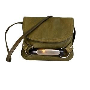 B.Makowsky Crossbody Slingbag Small Green Leather Flap Over Leopard Lined